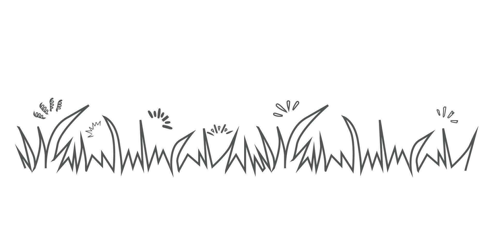 Grass doodle sketch style set. Hand drawn grass field doodle lines background. Sprout elements, grass line strokes. flowers, clover. Vector