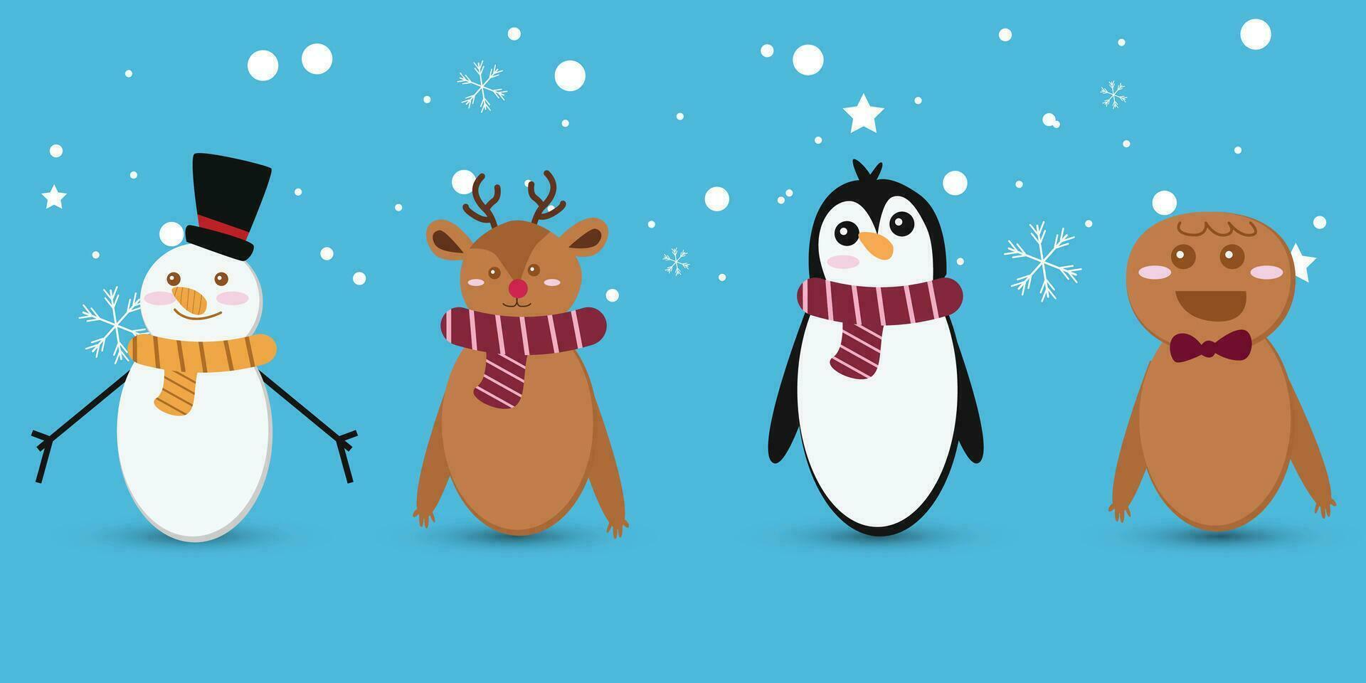Vector collection of animal characters in winter, snowman with magician hat, bear, doll, deer and penguin on blue background Christmas in winter
