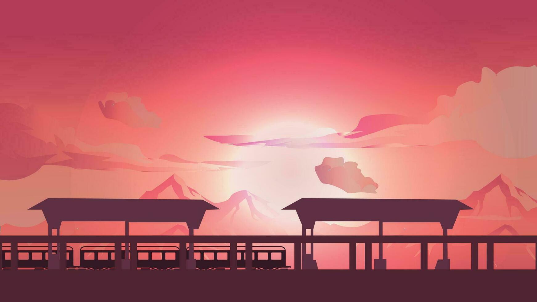 Vector background silhouette of train station in the afternoon and sunset in anime style. The red sky is over.