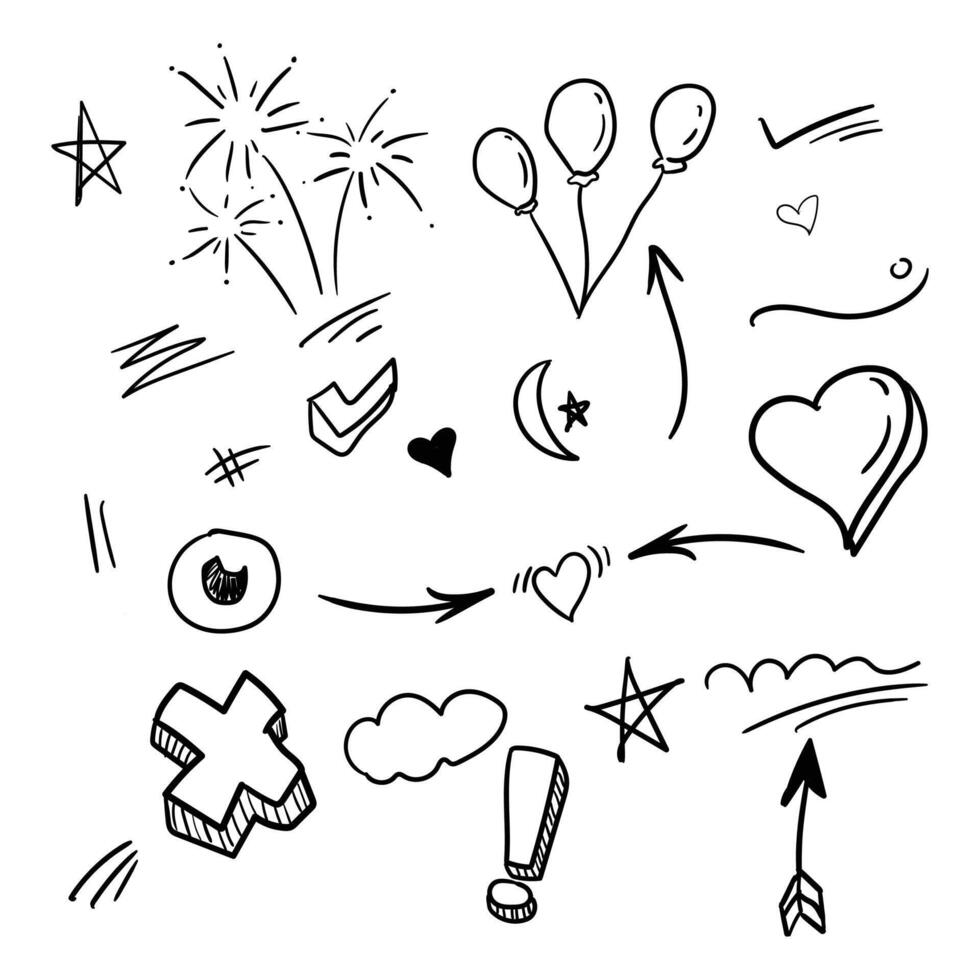 Collection of hand drawn illustration vector design elements. curly swing, stroke, swirl, arrow, heart, love, crown, flower, etc. emphasis elements. used for concept design