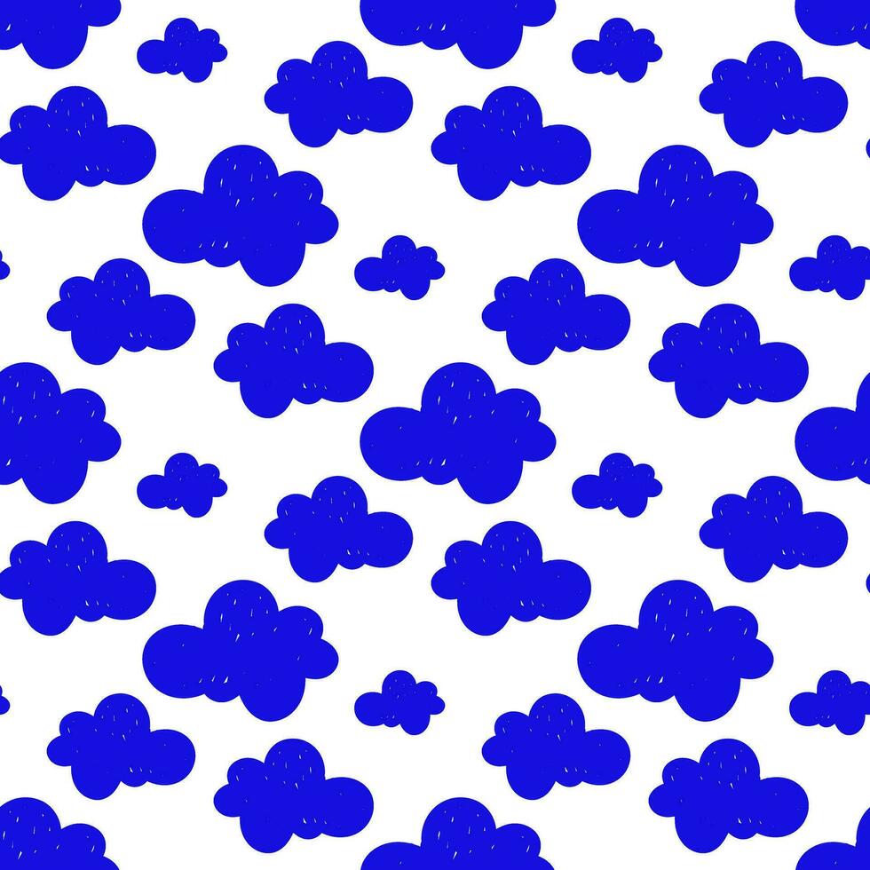 Vector color seamless pattern with hand-drawn schematic blue clouds on a white background. Shaded shapes. Handmade work. The texture is colored with markers