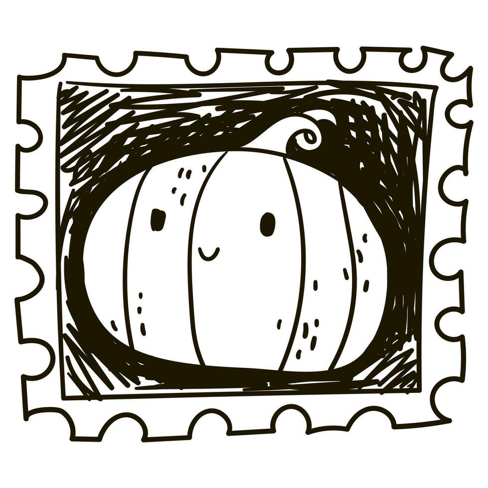 Vector hand-drawn illustration of a cute cartoon pumpkin in the style of linocut, strokes with a pen. Stamp with a Halloween symbol, autumn. Black and white drawing. Ink strokes, sketch. Handmade work