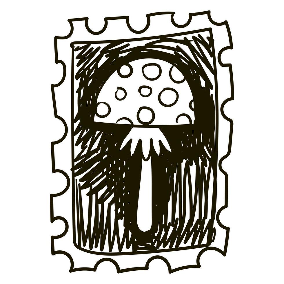 Vector hand-drawn illustration of a witch mushroom fly agaric in the style of linocut, strokes with a pen. A stamp with the symbol of Halloween, autumn. Black and white drawing. Ink strokes, sketch