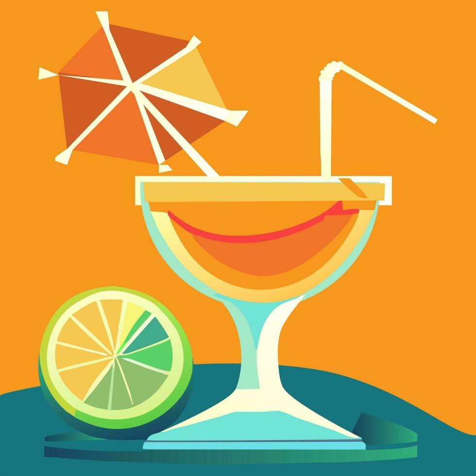 Illustration of a cocktail in a glass. Drink in a glass with a straw and an umbrella in a glass. Vector flat illustration of a summer citrus cocktail on a bright background. Abstract drinks