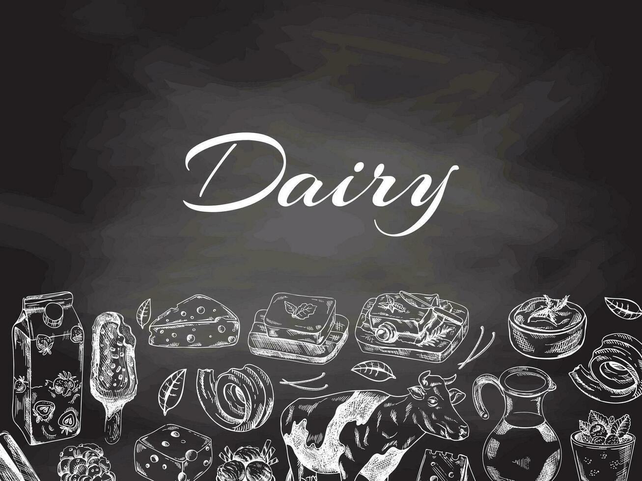 Vintage monochrome dairy produce template, hand-drawn on chalkboard background. Eco food. Sketch illustration. Engraved image. Template with an empty space. vector