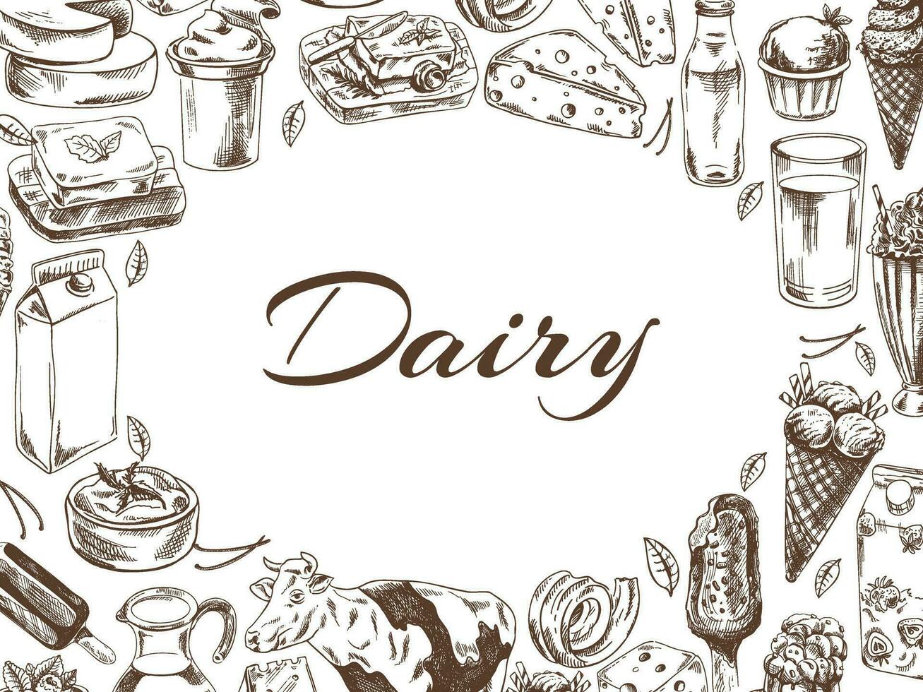 Vintage monochrome dairy produce template, hand-drawn. Eco food. Sketch illustration. Engraved image. Template with an empty space. vector