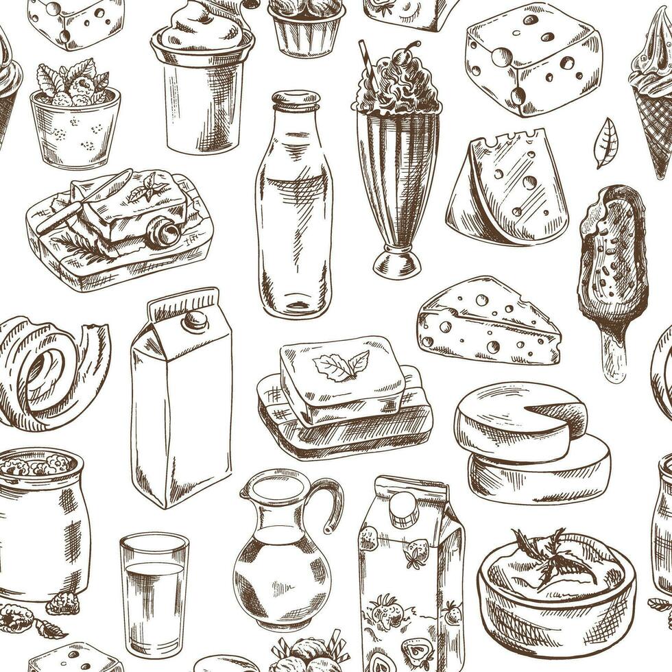 Seamless pattern of hand drawn dairy produce. Eco food. Vector illustrations in sketch style. Engraving style.