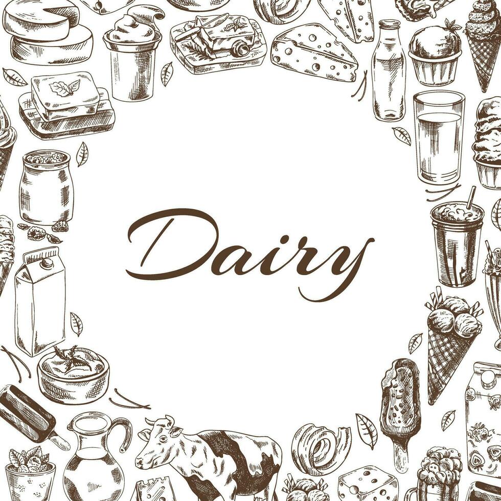 Vintage monochrome dairy produce  template, hand-drawn. Eco food. Sketch illustration. Template with an empty space in the center. vector