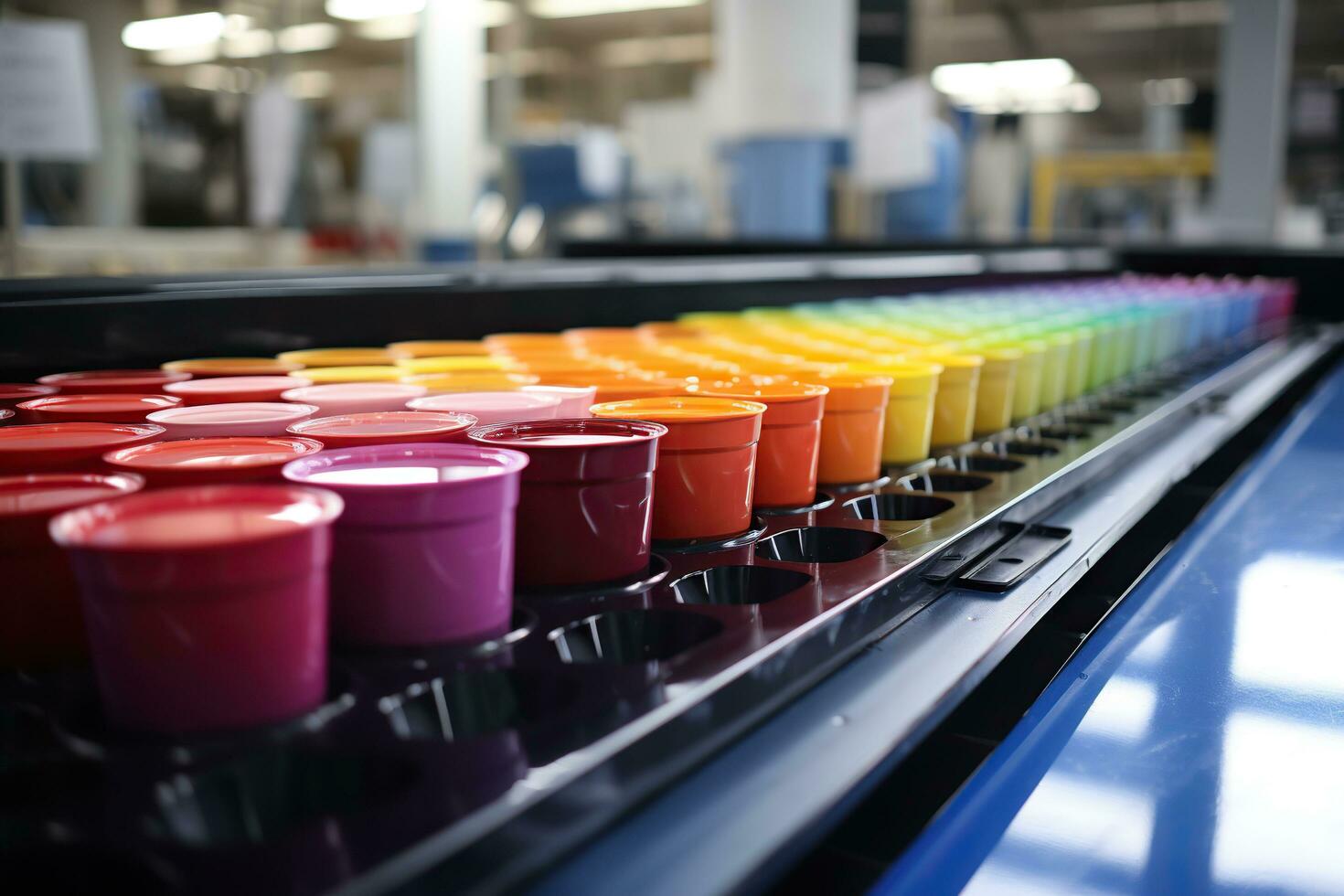 Factory for the production of paints. Jars of paint of different colors on a conveyor belt. Generated by artificial intelligence photo