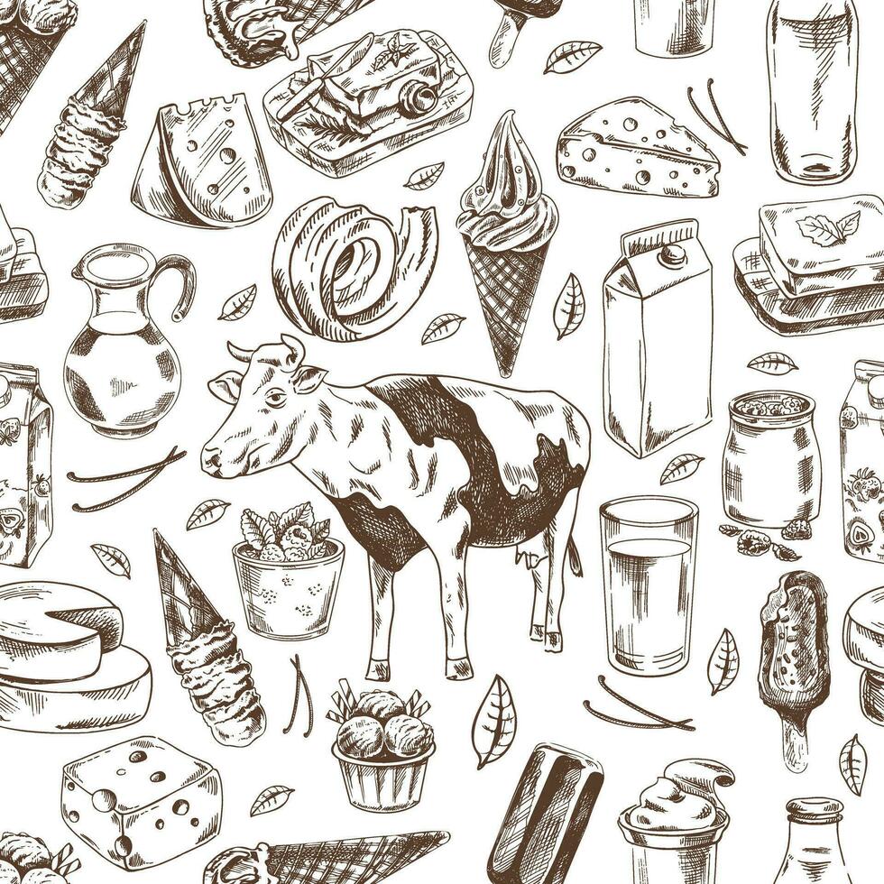 Seamless pattern of hand drawn dairy produce. Eco food. Vector illustrations in sketch style. Engraving style.