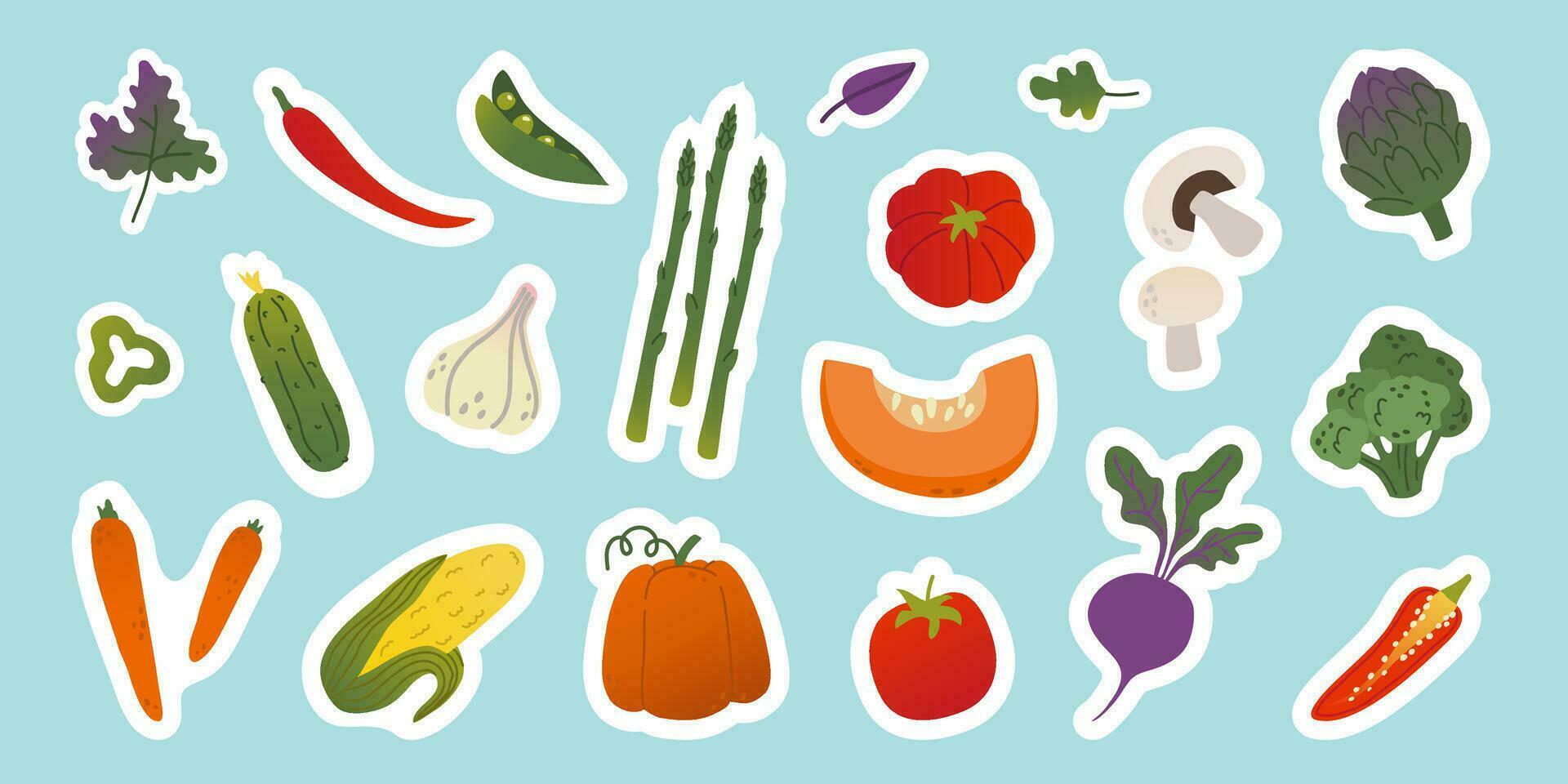 Set isolated different colorful gradient vegetables stickers in flat vector style on blue background.