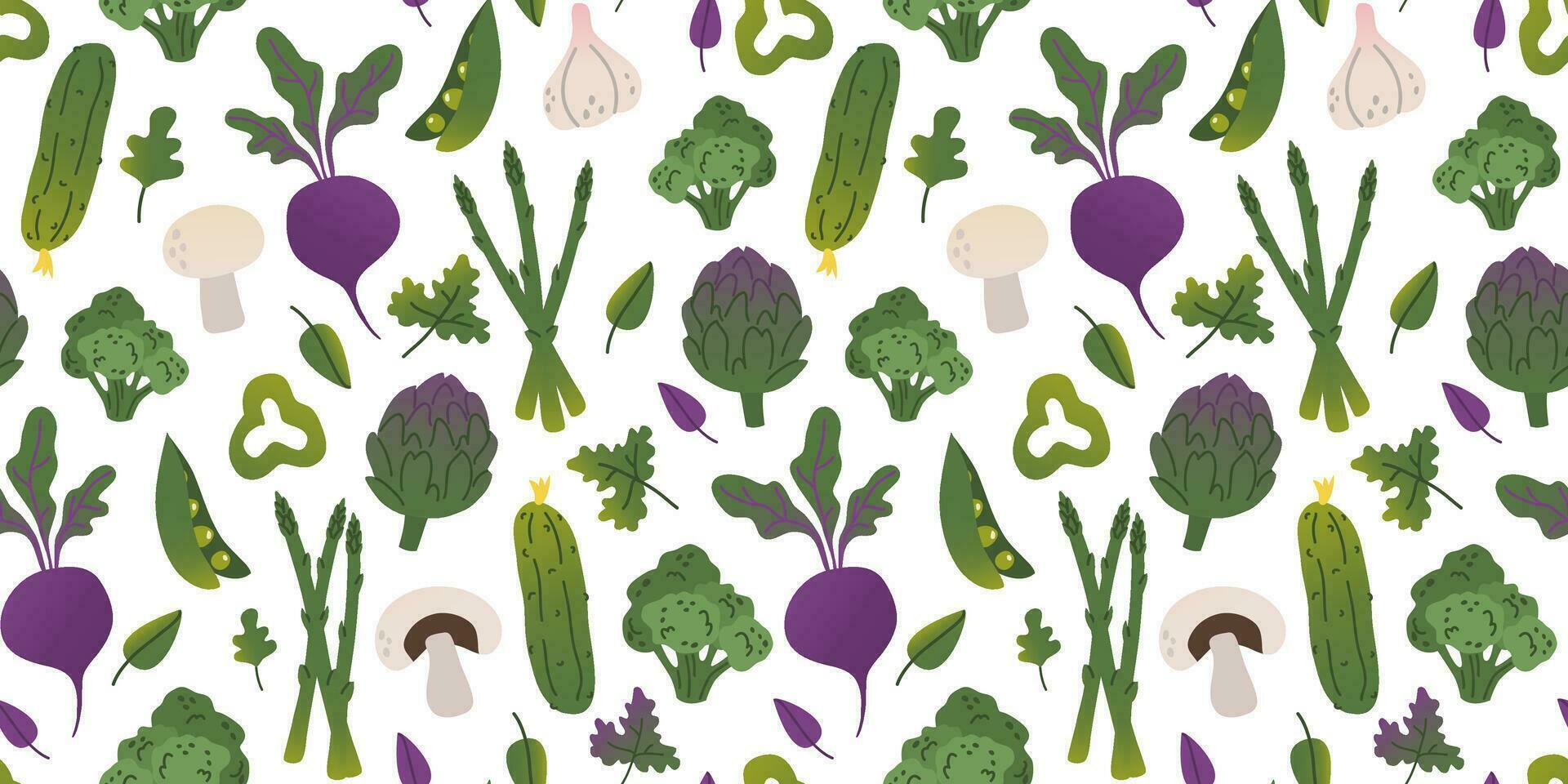 Seamless pattern different green purple gradient vegetables, mushrooms and greens in flat vector style on white background. For print, textile, background, wrapper.