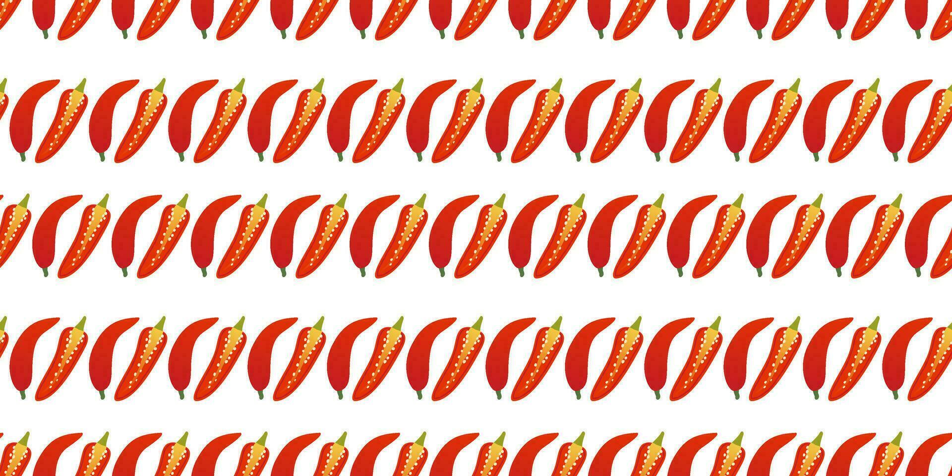 Seamless pattern different shapes red chili pepper in flat vector style on white background. For print, textile, background, wrapper.