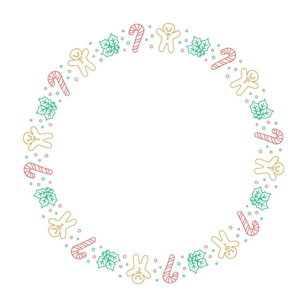 Round Christmas Frame Border. Gingerbread Cookies, Candy Cane and Mistletoe Pattern Winter Holiday Graphics. Social media post template on white background. Isolated vector illustration.