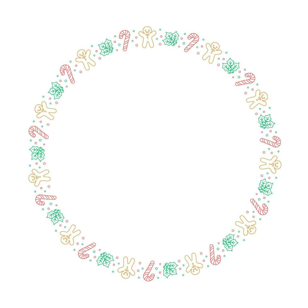 Round Christmas Frame Border. Gingerbread Cookies, Candy Cane and Mistletoe Pattern Winter Holiday Graphics. Social media post template on white background. Isolated vector illustration.