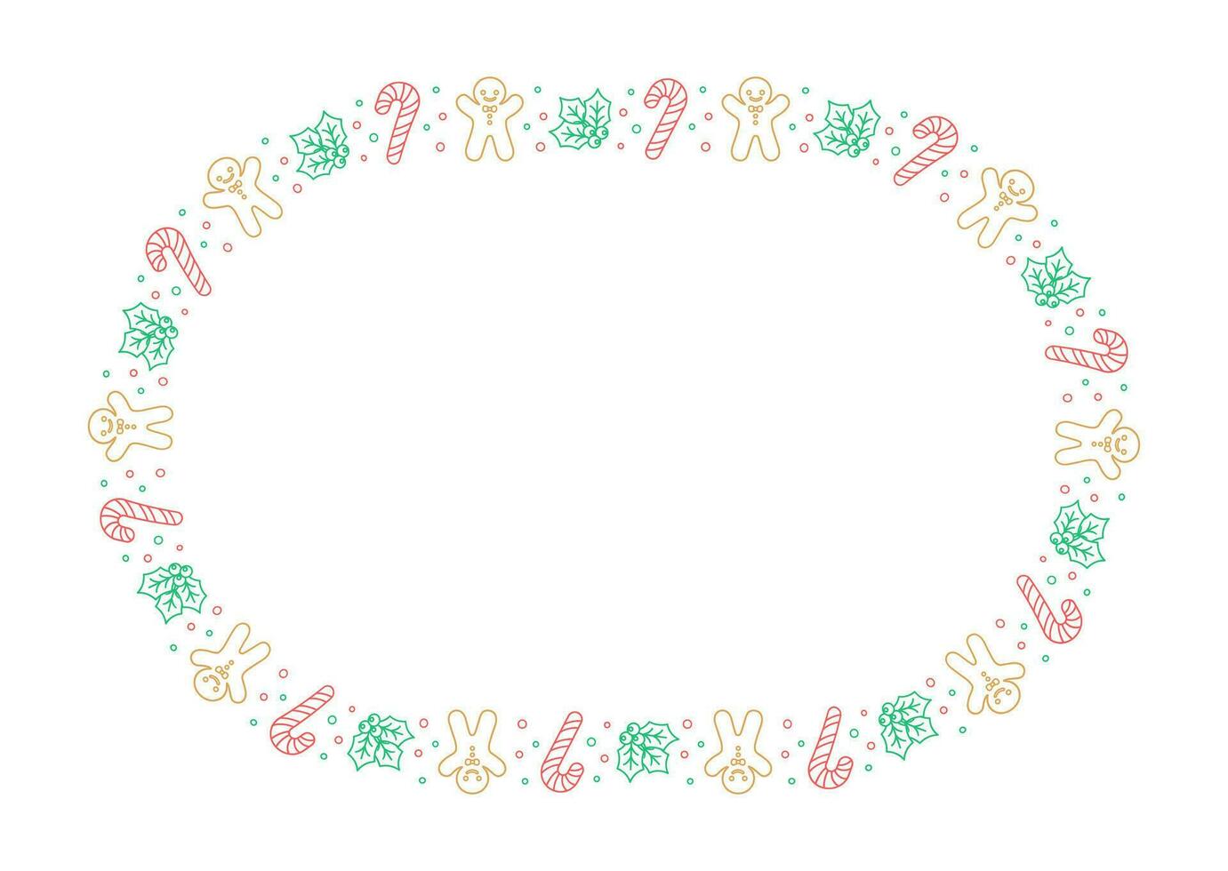 Oval Christmas Frame Border. Gingerbread Cookies, Candy Cane and Mistletoe Pattern Winter Holiday Graphics. Social media post template on white background. Isolated vector illustration.
