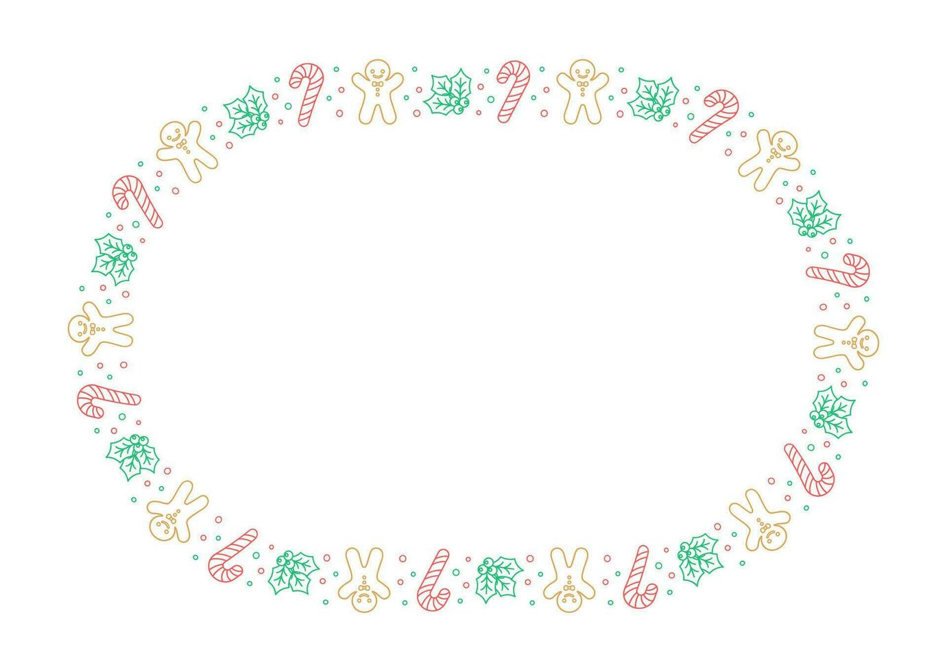 Oval Christmas Frame Border. Gingerbread Cookies, Candy Cane and Mistletoe Pattern Winter Holiday Graphics. Social media post template on white background. Isolated vector illustration.