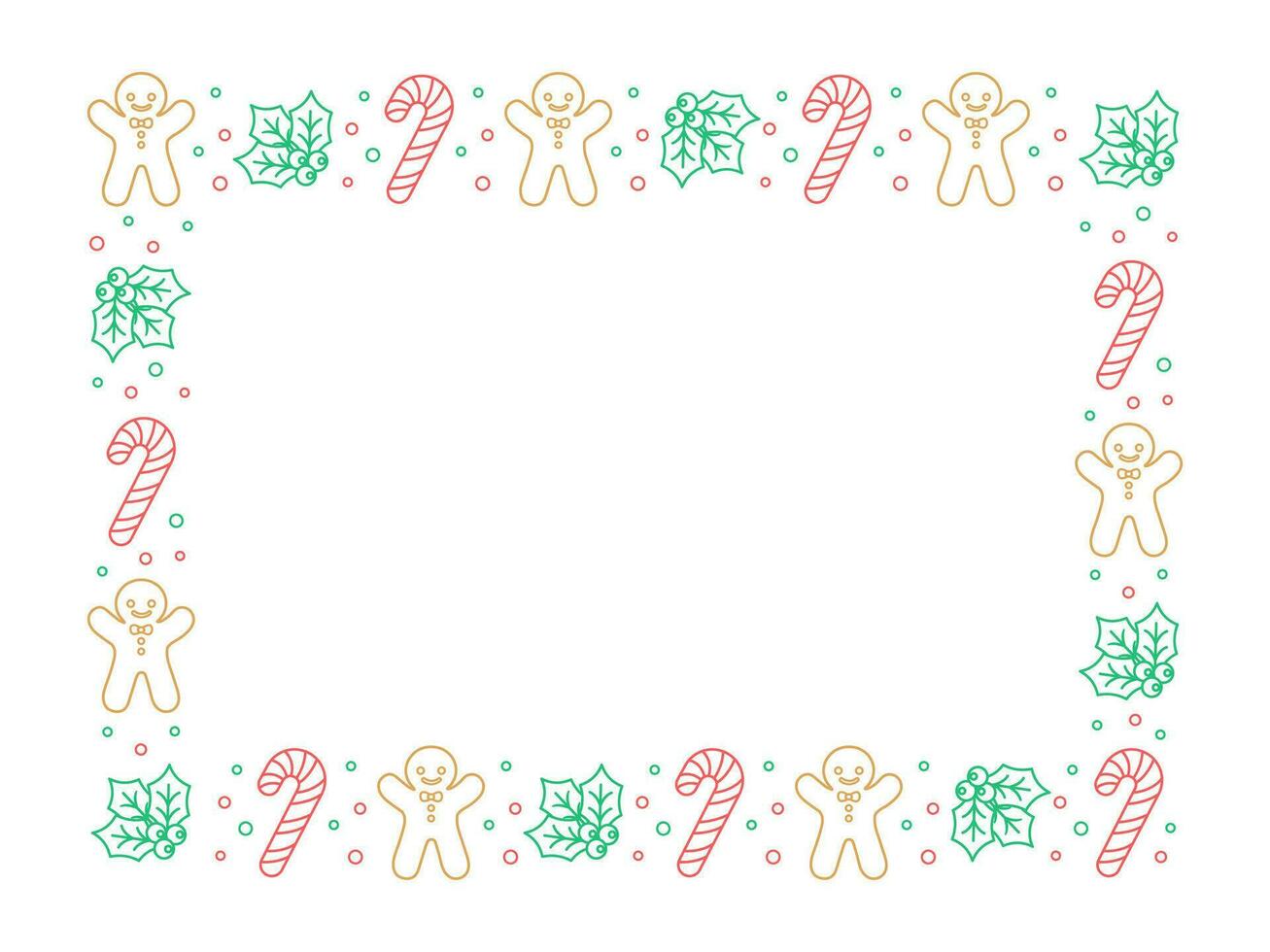 Rectangle Christmas Frame Border. Gingerbread Cookies, Candy Cane and Mistletoe Pattern Winter Holiday Graphics. Social media post template on white background. Isolated vector illustration.