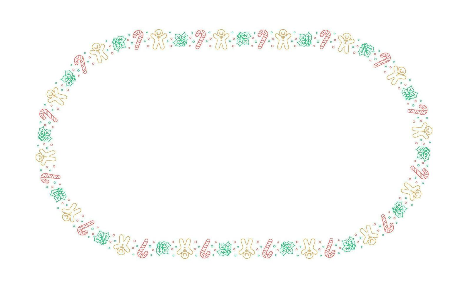 Oval Christmas Frame Border. Gingerbread Cookies, Candy Cane and Mistletoe Pattern Winter Holiday Graphics. Social media post template on white background. Isolated vector illustration.