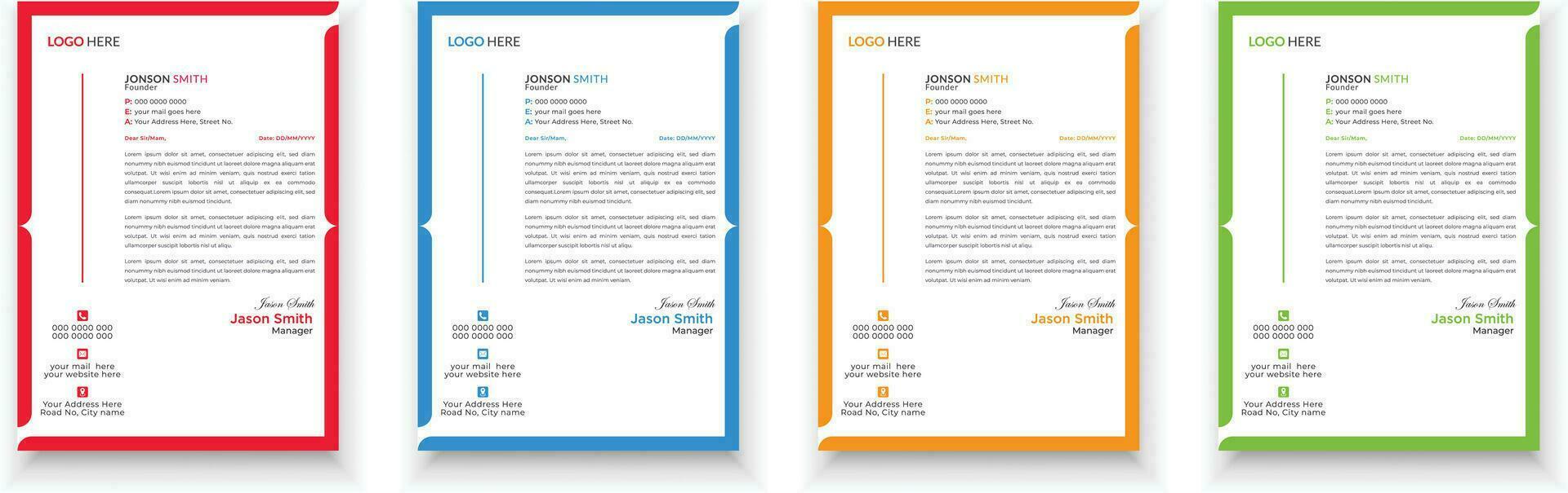 Letterhead design bundle. Clean and professional corporate business letterhead design template with with 4 colors. Creative elegant and minimalist style letterhead design for your business. vector