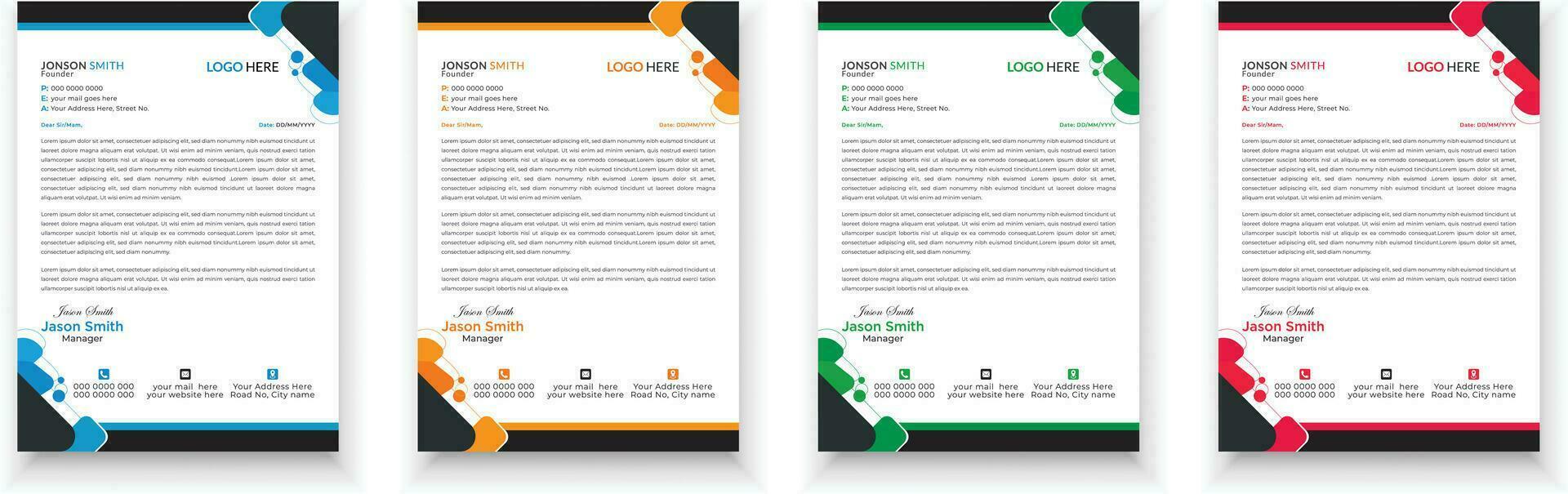 membrete diseño manojo. limpiar y profesional corporativo negocio membrete diseño modelo con con 4 4 colores. creativo elegante y minimalista estilo membrete diseño para tu negocio. vector