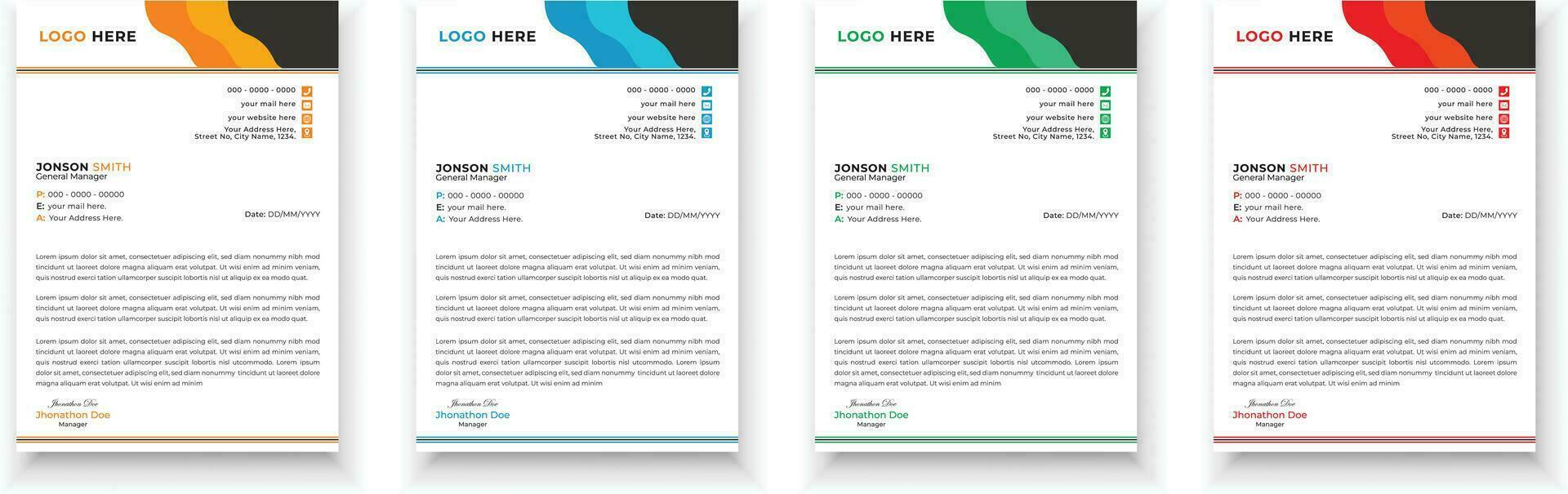 Letterhead design bundle. Clean and professional corporate business letterhead design template with with 4 colors. Creative elegant and minimalist style letterhead design for your business. vector