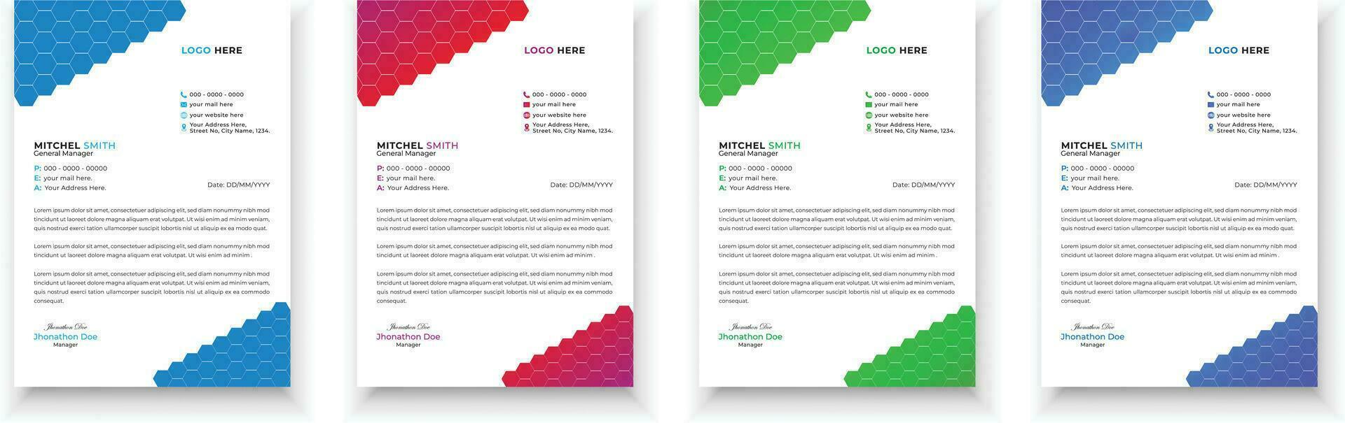 Letterhead design bundle. Clean and professional corporate business letterhead design template with with 4 colors. Creative elegant and minimalist style letterhead design for your business. vector