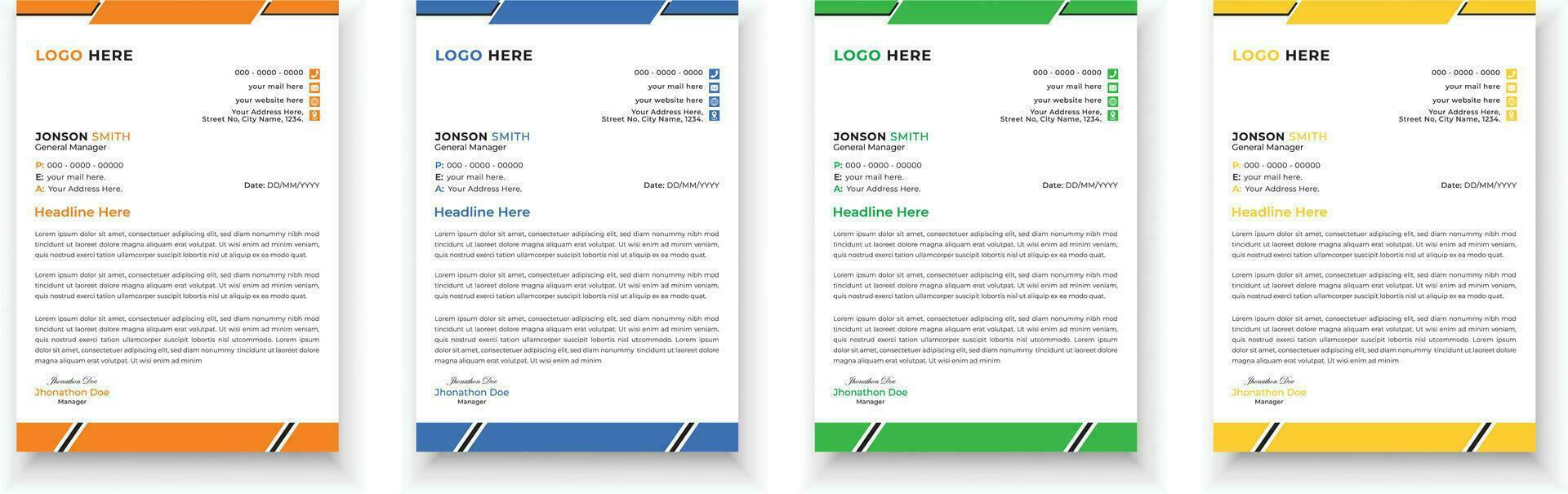 Letterhead design bundle. Clean and professional corporate business letterhead design template with with 4 colors. Creative elegant and minimalist style letterhead design for your business. vector