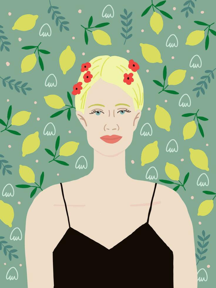 Vector portrait of the beautiful blond woman in black dress on green background with lemons. Blond woman poster