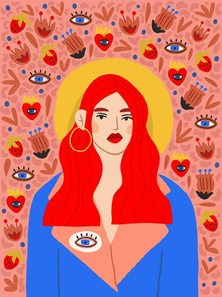 hermosa retrato de rojo pelo mujer en de moda hipster ropa y hermosa antecedentes con corazones, ojos. rojo lápiz labial, amarillo sombrero, ojo parche vector