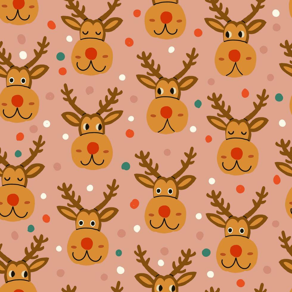 Christmas reindeer character seamless pattern on pink with confetti, reindeer with different emotions. Christmas deer pattern, deer character for kids vector