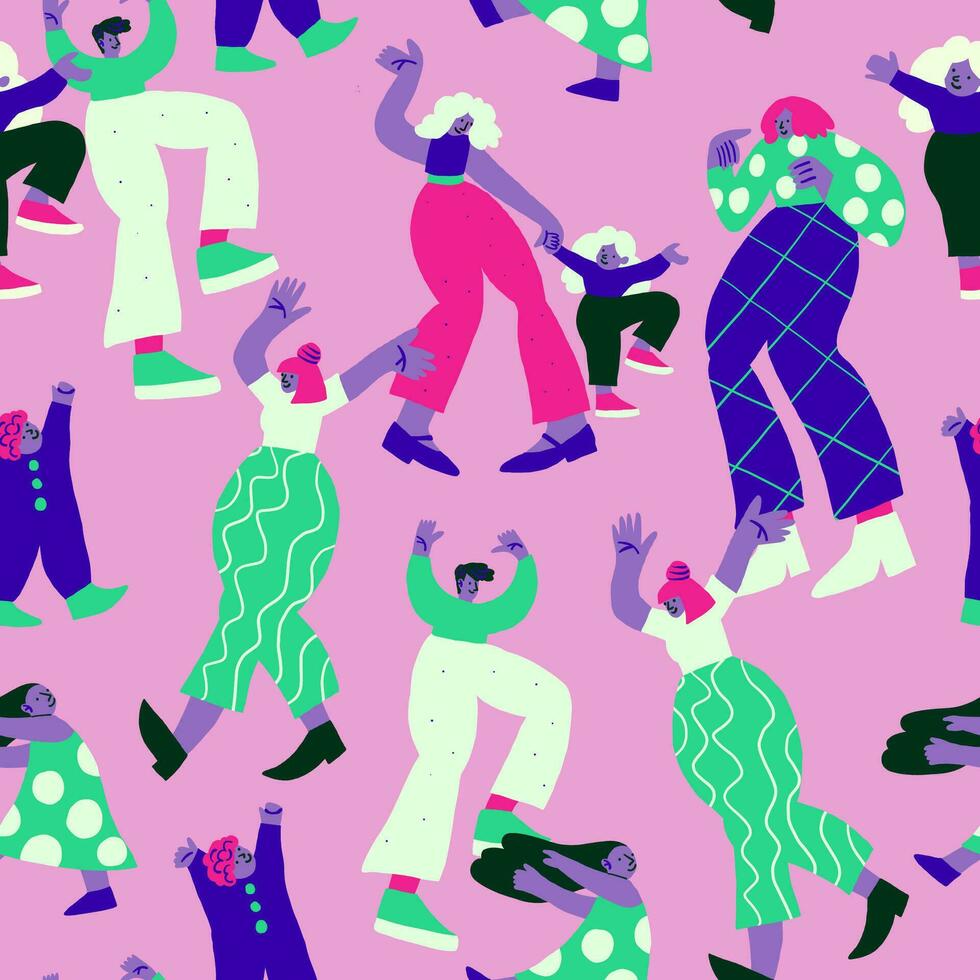 Seamless pattern with cool colorful people doodles on pink. Colorful party characters dancing on pink. Cartoon neon people vector