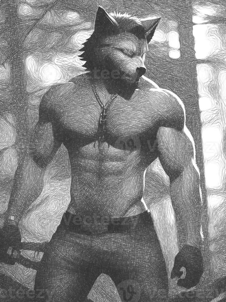 black and white of wolf man in the dark forest photo