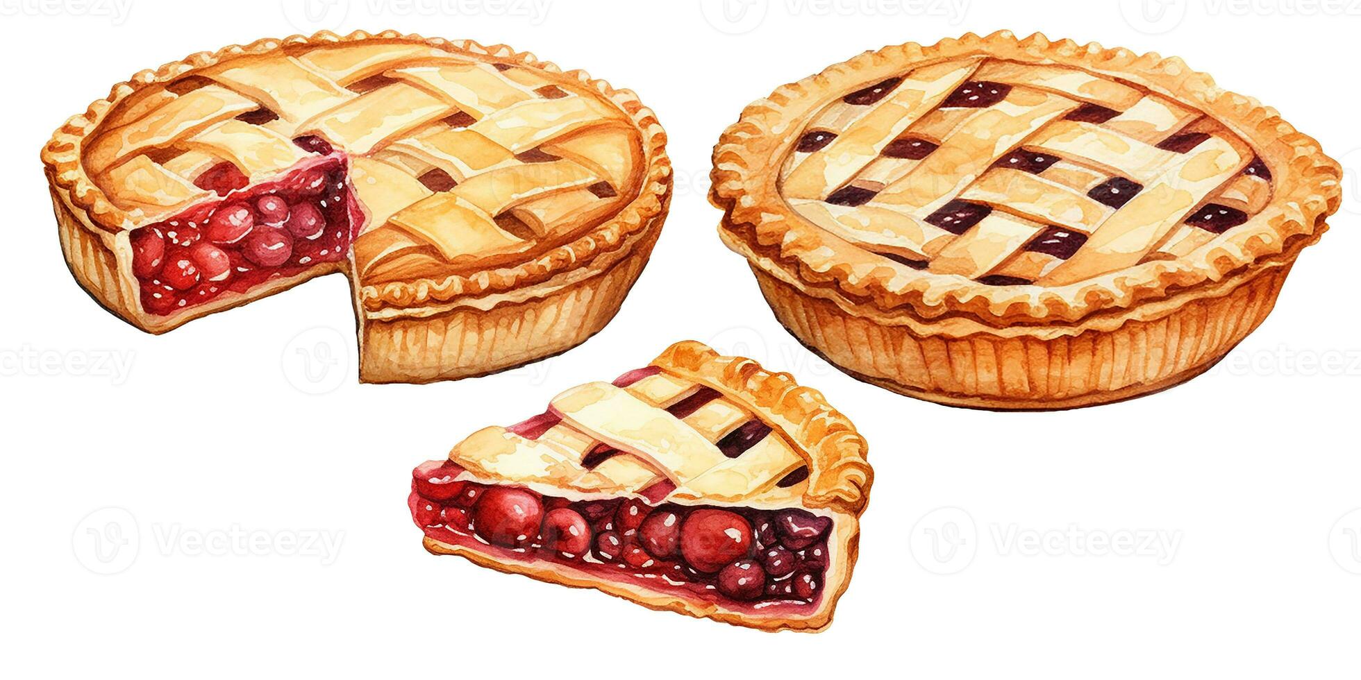 watercolor drawing, set of a piece of cherry pie. classic berry pie, illustration in vintage style. clipart photo