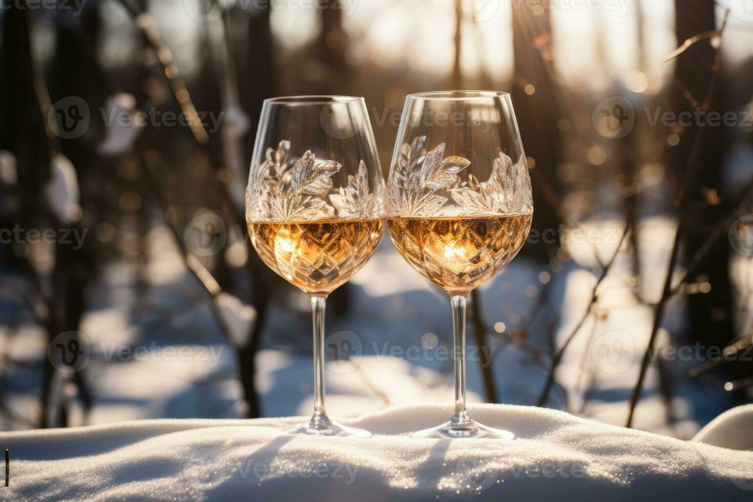 Crystal goblets catching light as ice wine pours in snowy backdrop photo