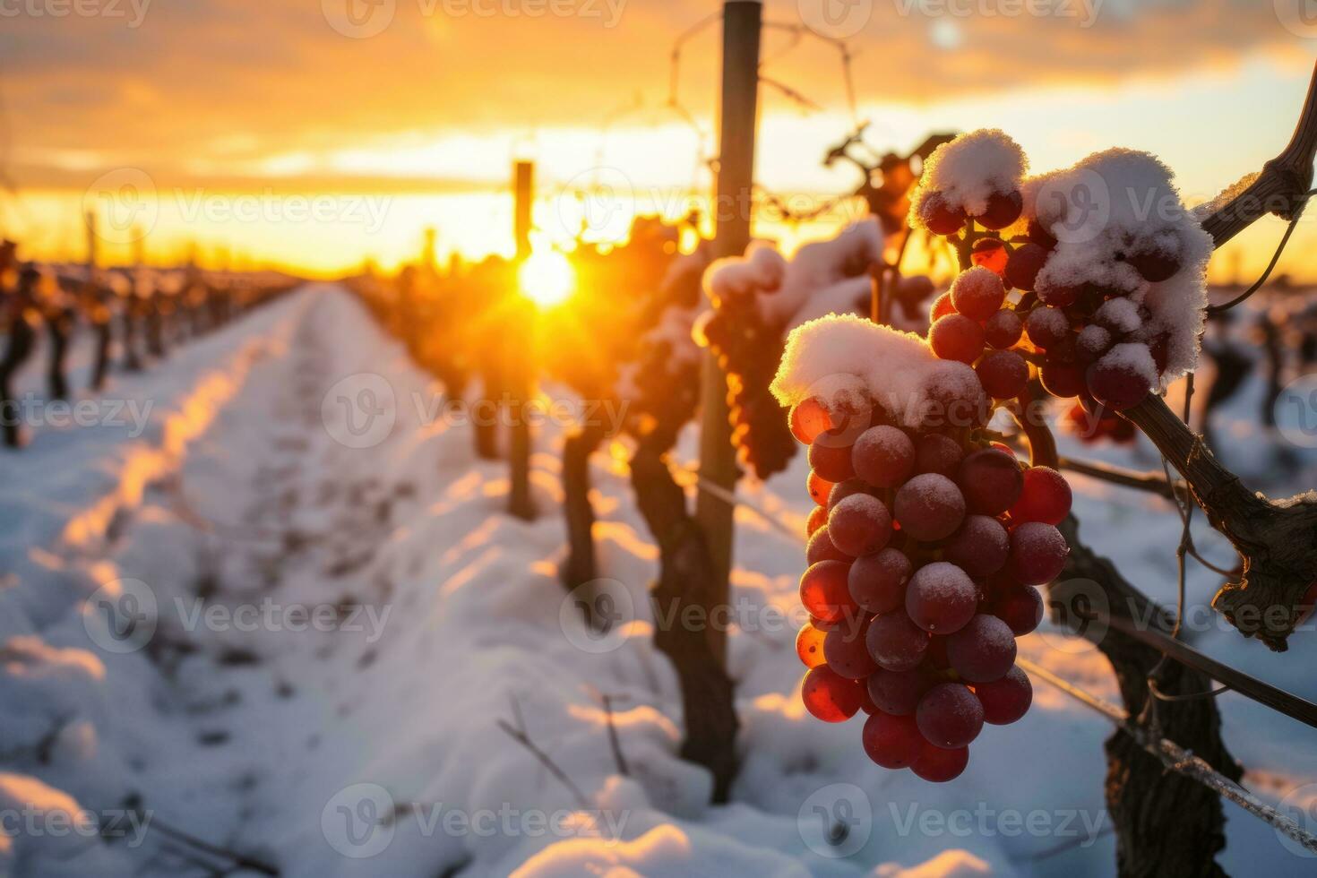 Chilly sunrise over vineyard illuminating the ice wine refinement process photo