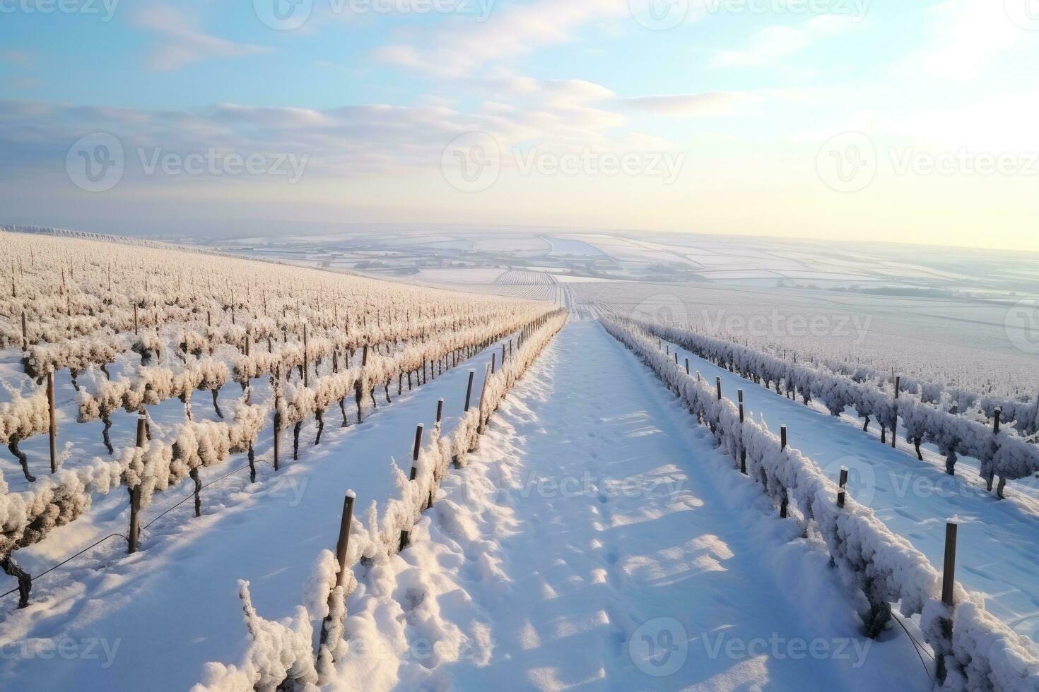 aéreo zumbido capturas barriendo paisaje nevado en viñedos durante hielo vino cosecha foto