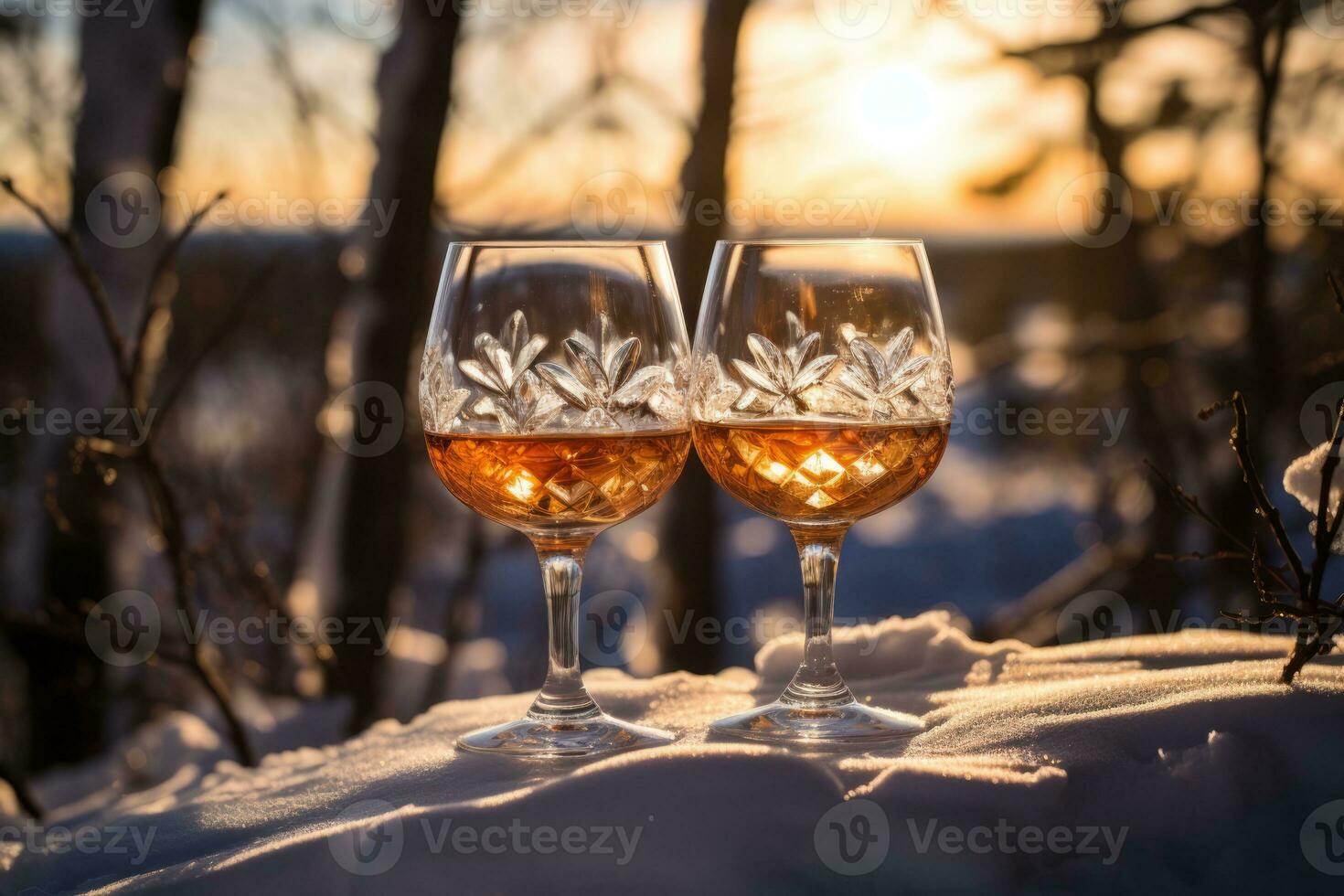 Crystal goblets catching light as ice wine pours in snowy backdrop photo