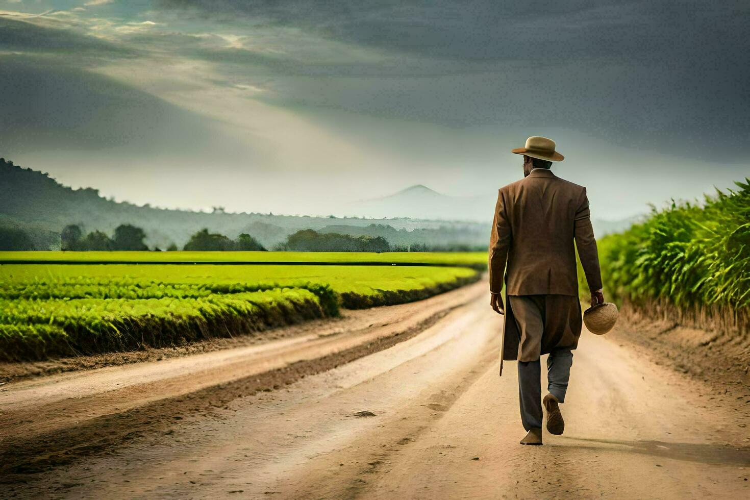 a man in a hat walks down a dirt road. AI-Generated photo