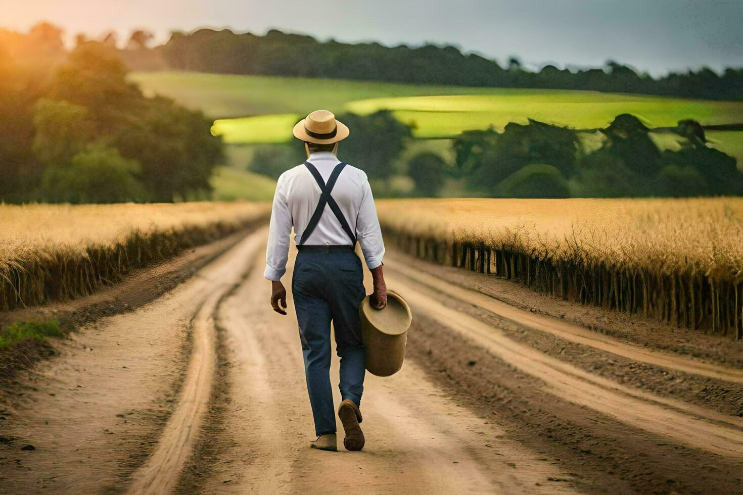 a man in a hat and suspenders walking down a dirt road. AI-Generated photo