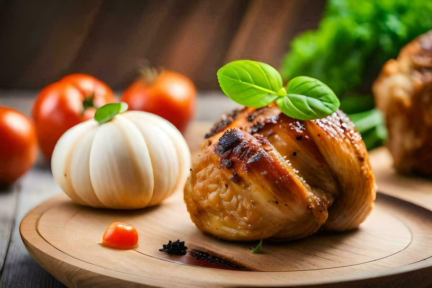 grilled chicken breast with vegetables on a wooden table. AI-Generated photo