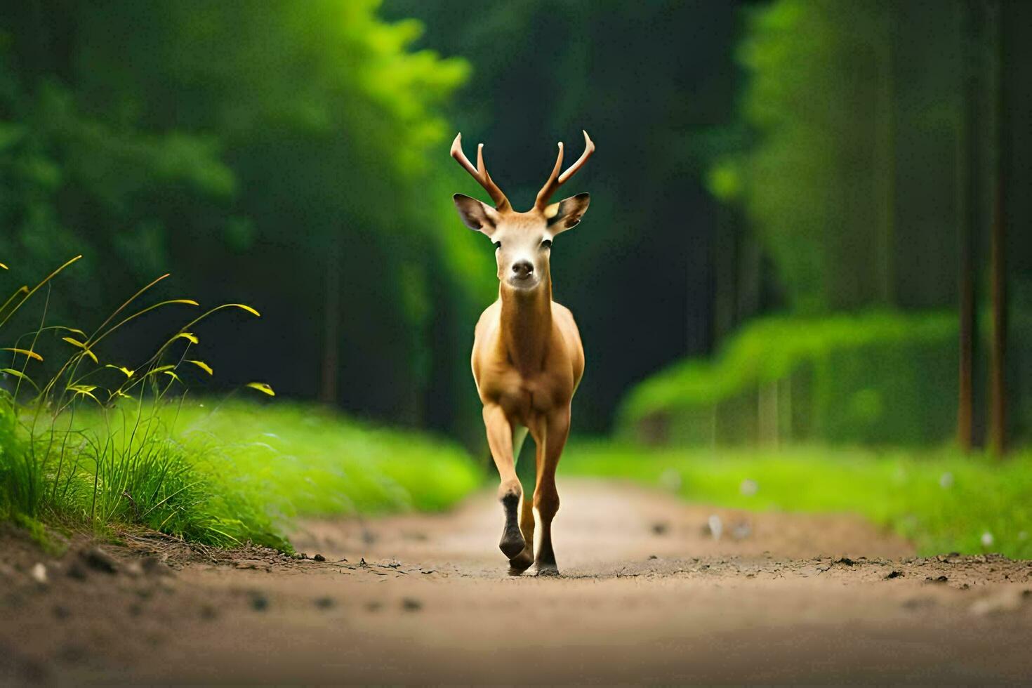 un ciervo es caminando abajo un suciedad la carretera. generado por ai foto