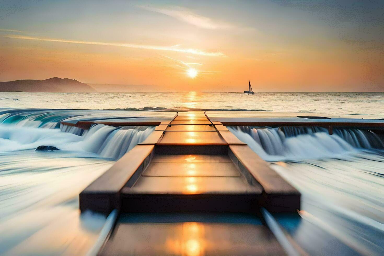 a wooden bridge leads to the ocean at sunset. AI-Generated photo