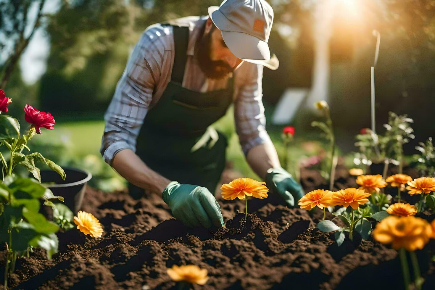 un hombre en un sombrero y guantes es trabajando en el jardín. generado por  ai 32556757 Foto de stock en Vecteezy