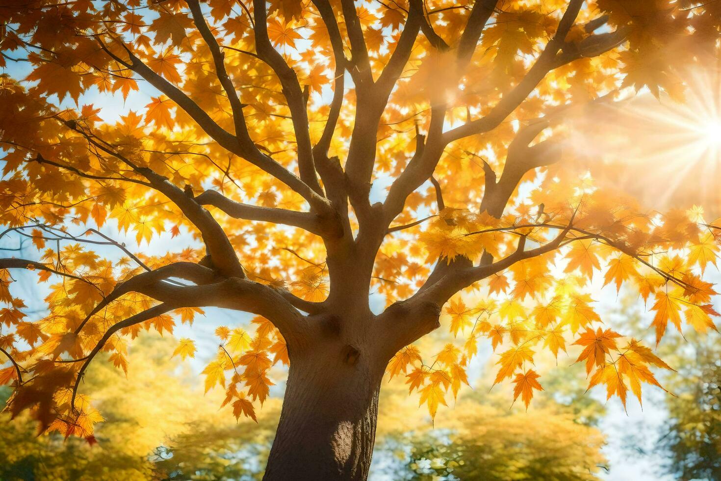 autumn tree with yellow leaves and sun. AI-Generated photo