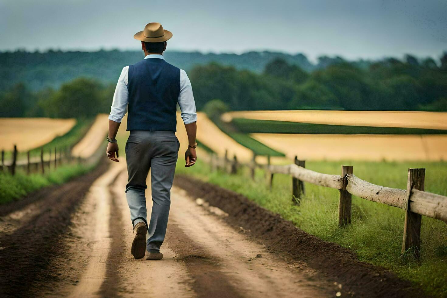 a man in a hat walks down a dirt road. AI-Generated photo