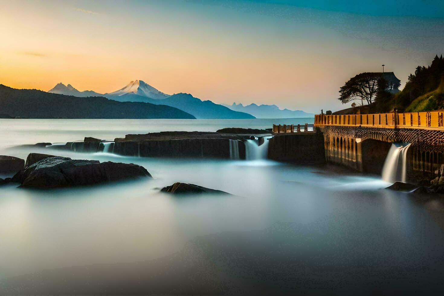 a long exposure photograph of a waterfall and mountains at sunset. AI-Generated photo