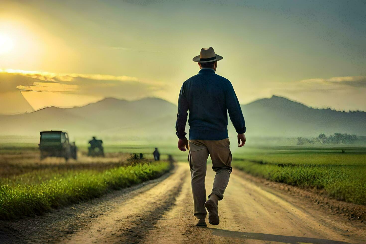 a man walking down a dirt road with a tractor. AI-Generated photo