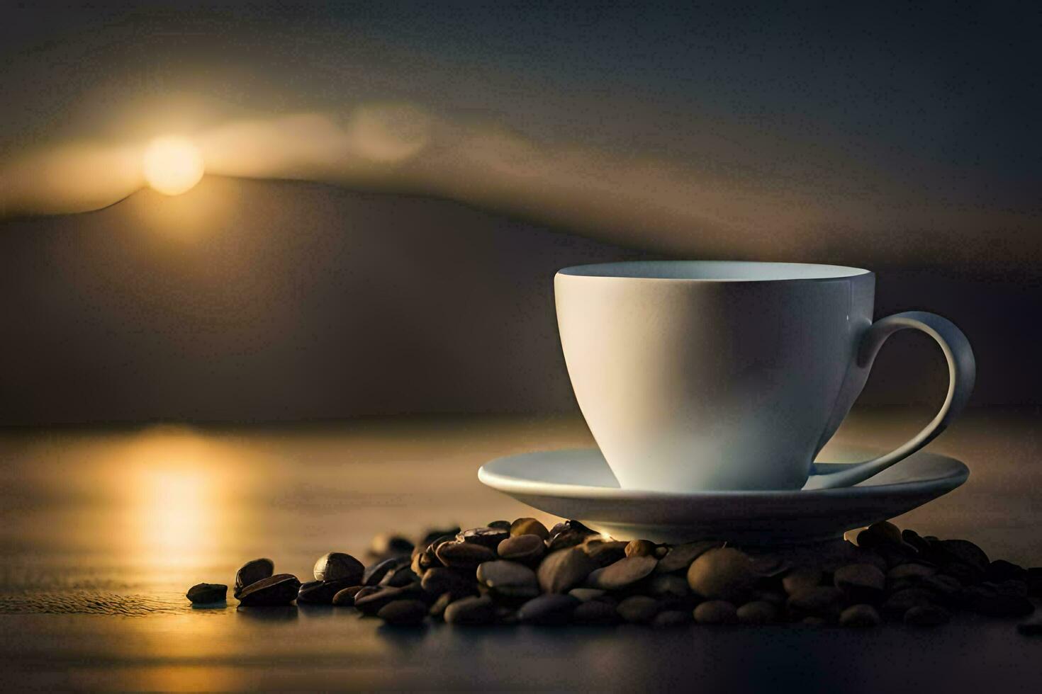 coffee beans on the table, the sun, the mountains, the sky, the coffee,. AI-Generated photo
