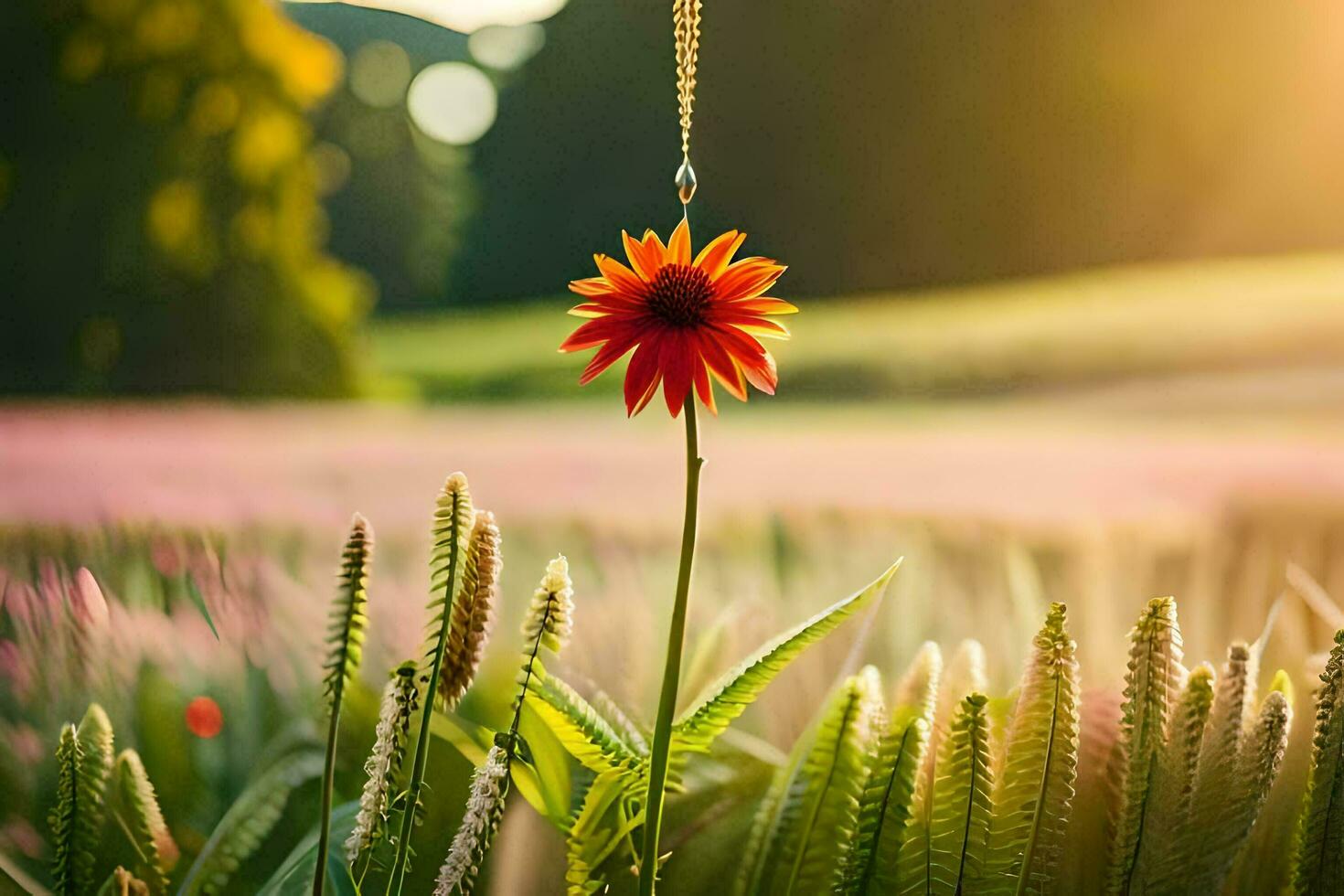 a red flower is hanging from a chain in a field. AI-Generated photo